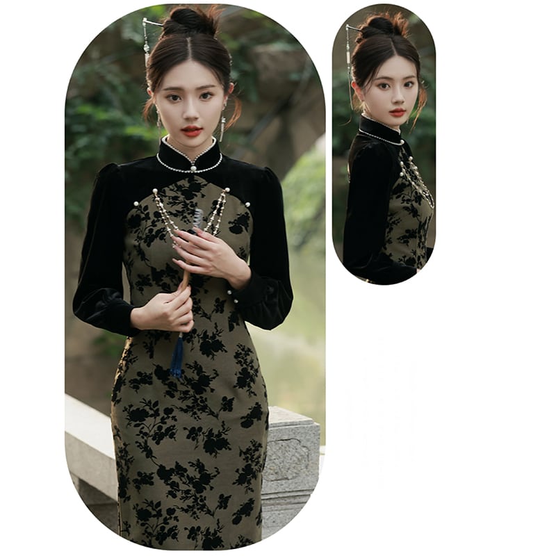 [RUYUN Series] ★Cheongsam Dress★ 2color Switching Velvet Temperament Enhancement Floral Pattern Chinese Style Dress