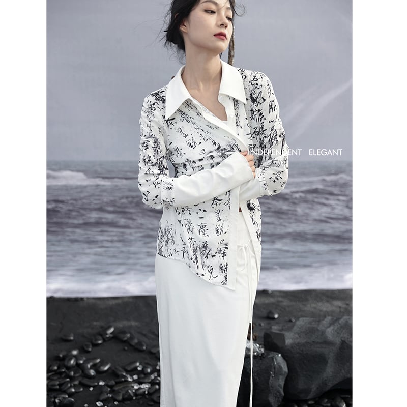 [Da Qinglong Shu Series] ★Chinese Style Shirt★ Tops Letter Pattern Long Sleeve Shirt Chinese Clothes Original White White