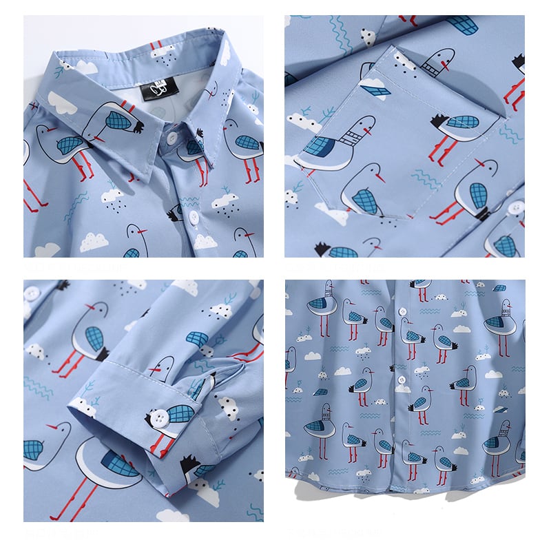 [WEIJIA Series]★Shirt★ Tops Floral pattern shirt Long sleeve shirt Bird Bird pattern Animal pattern Unisex Men's ML XL 2XL Blue Blue