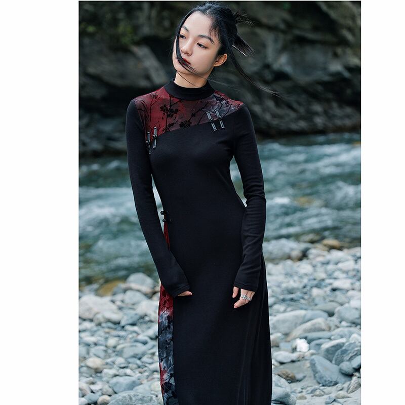 [Daiseiryusu series] ★China style dress★ Knit dress, changeover, Chinese button, slim fit, slim