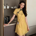 Load image into Gallery viewer, Chinese-style dress, Chinese-style clothing, Chinese clothing, improved Tang clothing, improved Chinese clothing, stand neck, short sleeves, short length, cute, everyday wear, cheap SM, yellow, yellow
