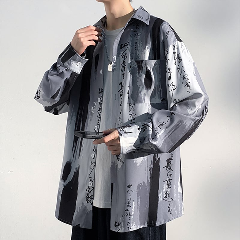 [YUANJI Series] ★China style shirt★ Tops, letter pattern, ink pattern, unisex, men's fashion, cool