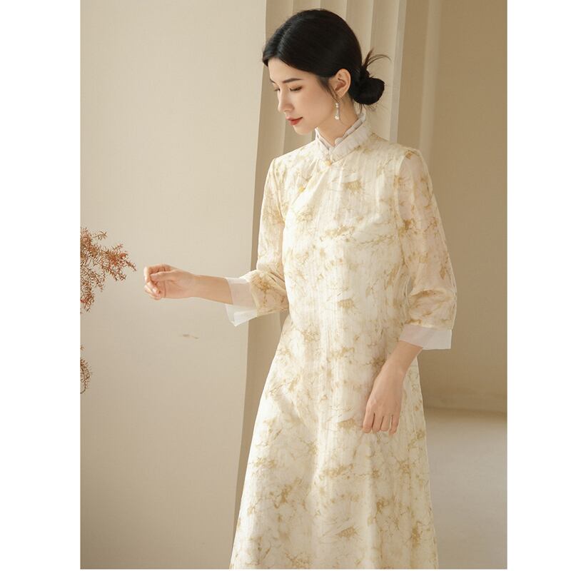 [Shimu Series] ★Chinese style dress★ Elegant Chinese clothes Tang suit Retro print Summer clothes Yellow S M L XL