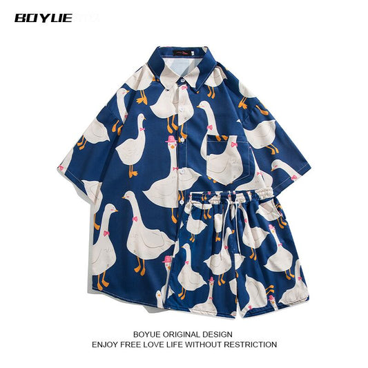 [BOYUE Series]★Setup★ Shirt + Shorts 3color Simple Unisex Men's Large Size Cool Animal Pattern Duck Aloha