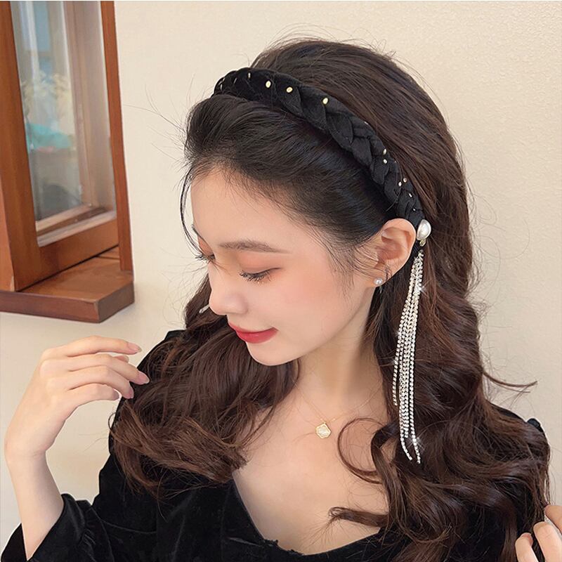 [Rainou Series] ★Headband★ 2color Hair Ornament Accessory Velvet Black Black Asymmetrical Fringe