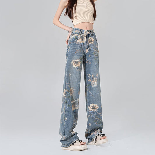 [XURU series] ★Denim pants★ Bottoms Trousers Floral pattern slimming ladies Blue Blue XS S M L XL