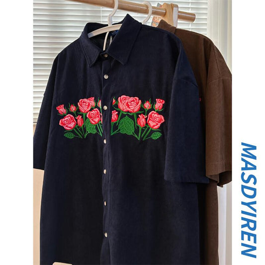 [FANMAN Series]★Shirt★ 2color Tops Short Sleeve Shirt Unisex Men's Embroidery Rose Brown Navy