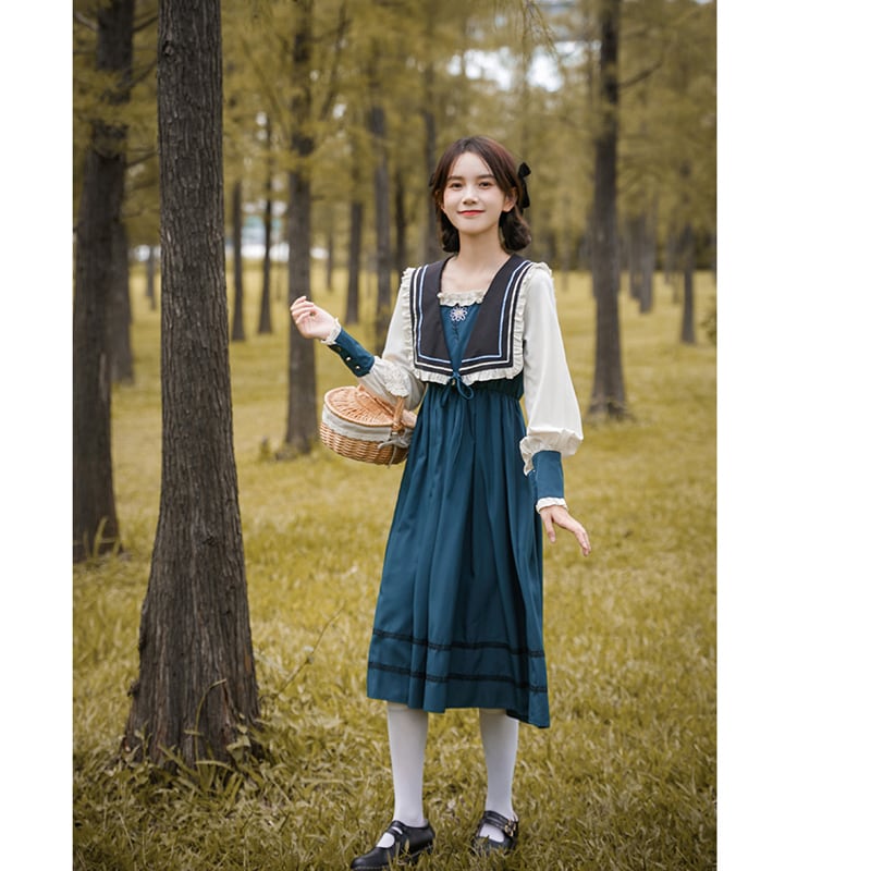 [Shokensho Series] ★Long dress★ JK style sailor uniform color scheme cute Lolita clothes retro blue blue