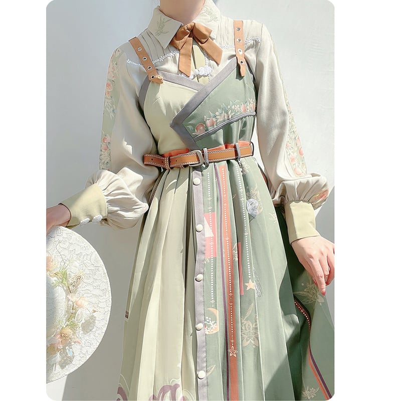 [Hanayu Poetry Series] ★Chinese style setup★ Shirt + hanging dress Green Green Cute Improved Hanfu