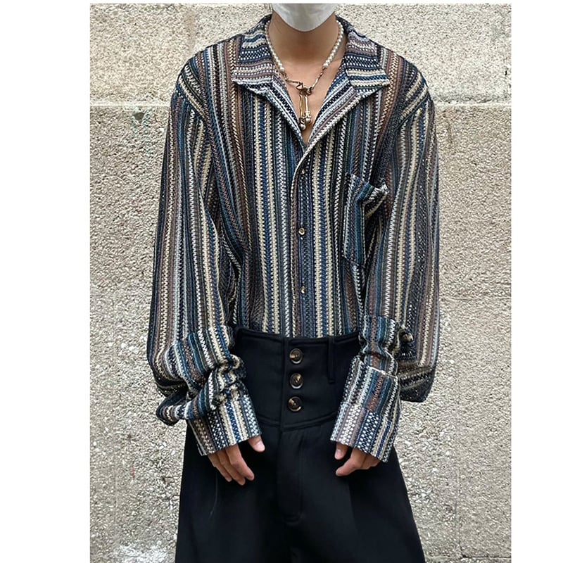 [14GSL Series]★Retro Shirt★ Tops Unisex Men's V-neck Vertical Striped Striped Pattern ML XL Cool