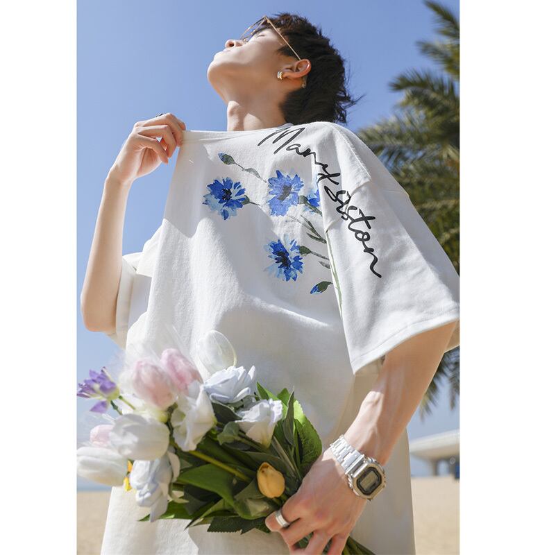 [MANYSTON Series]★T-shirt★ Tops 3color Unisex Men's Short Sleeve Floral Pattern Blue White Black Casual