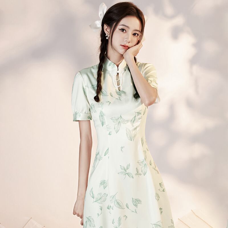 [YUEQIAO series]★Cheongsam dress★ 2color short length Chinese style dress Beige Green