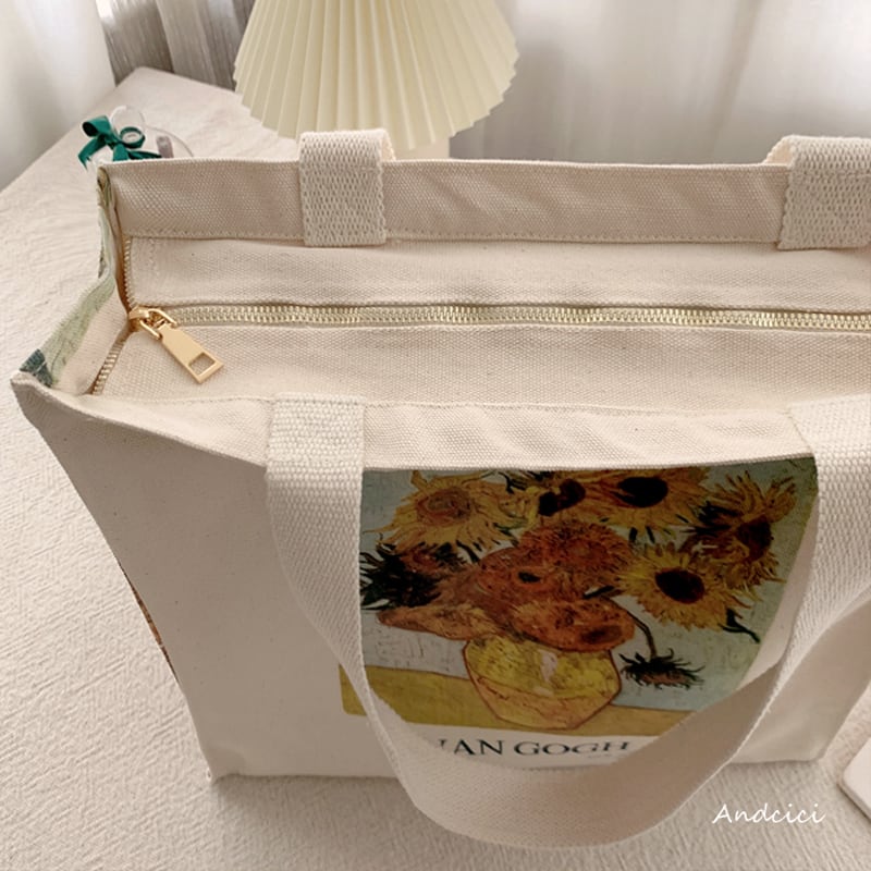 [Andcici Series] ★Bag★ Large capacity oil painting style sunflower sunflower beige commuting casual date yellow yellow