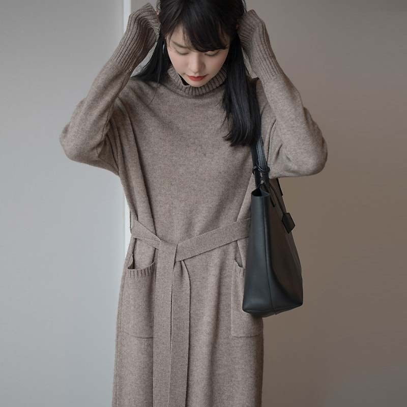 Autumn/winter knit dress, long length, simple, slimming, commuting, office lady, black, gray, pink, SML, XL