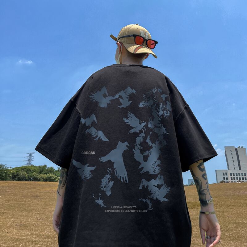 [KADISHOU series] ★T-shirt★ Tops 2color Unisex Men's Large size Bird Bird pattern Easy to match