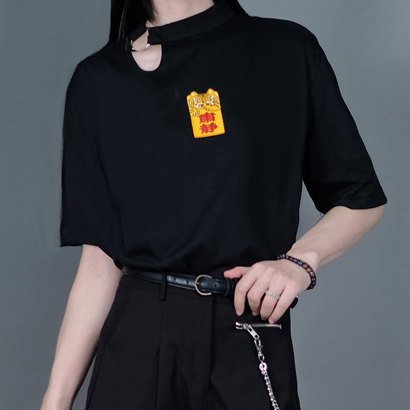 [Kuraho Koya Series] ★China style T-shirt★ 2color black or white cotton embroidery S M L XL slim fit easy to match