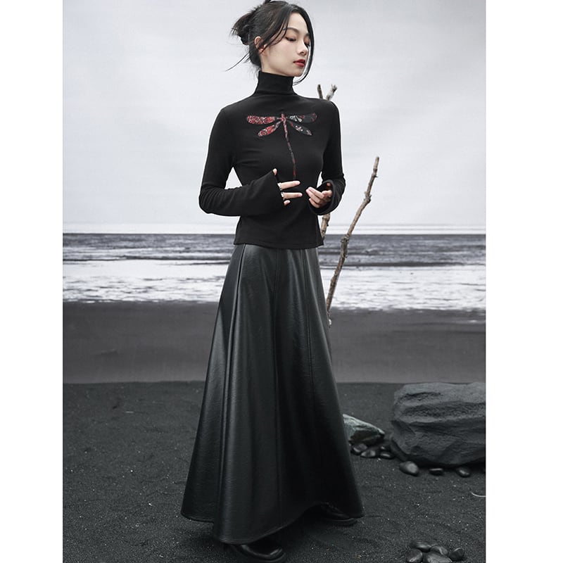 [Daiseiryusu Series]★Skirt★ PU Bottoms Long Length Plain High Waist Black Easy to match