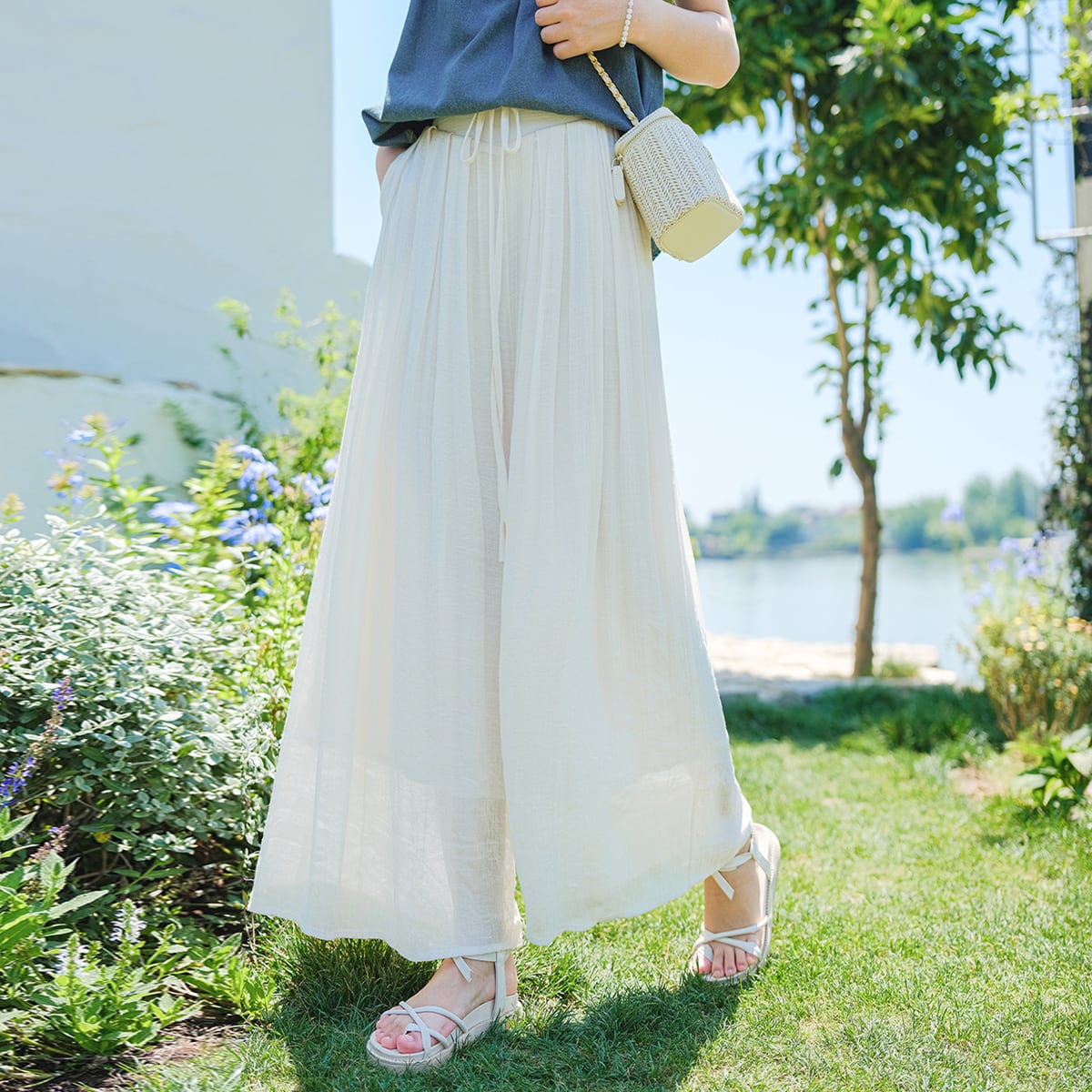 [White Sake Series] ★ Gaucho Pants ★ Bottoms Elastic Waist Plain Ladies Date Improves Temperament Simple