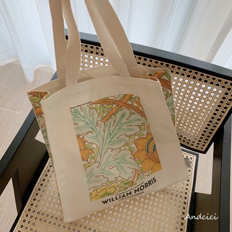 [Andcici Series]★Bag★ Tote bag, canvas, large capacity, date, floral pattern, oil painting style, yellow, beige, retro