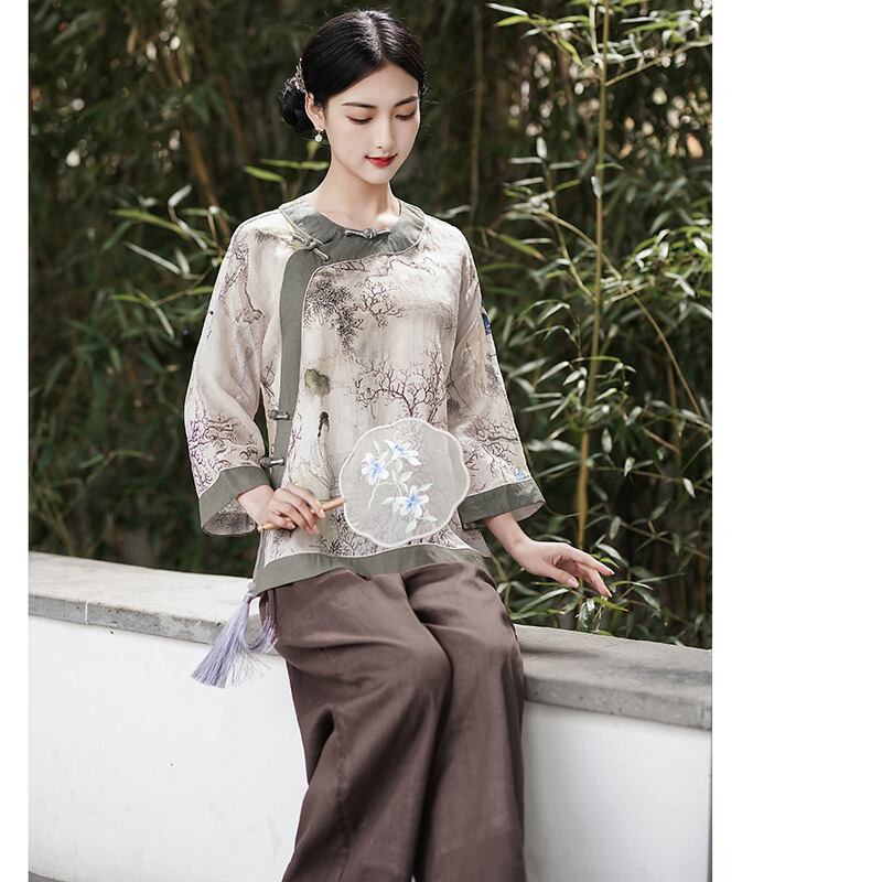 [Mingsho Series]★China style tops★ Shirt Improves temperament Improved Tang suit Loose print Retro Summer clothes