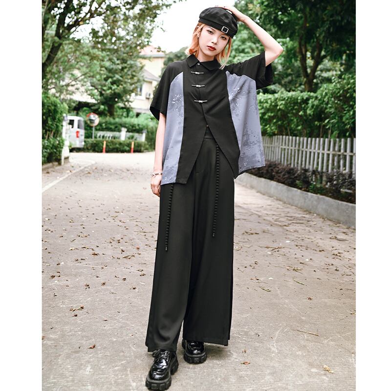 [Ancient monster---Long wind series]★China style pants★Bottoms Gaucho pants with belt Black Black