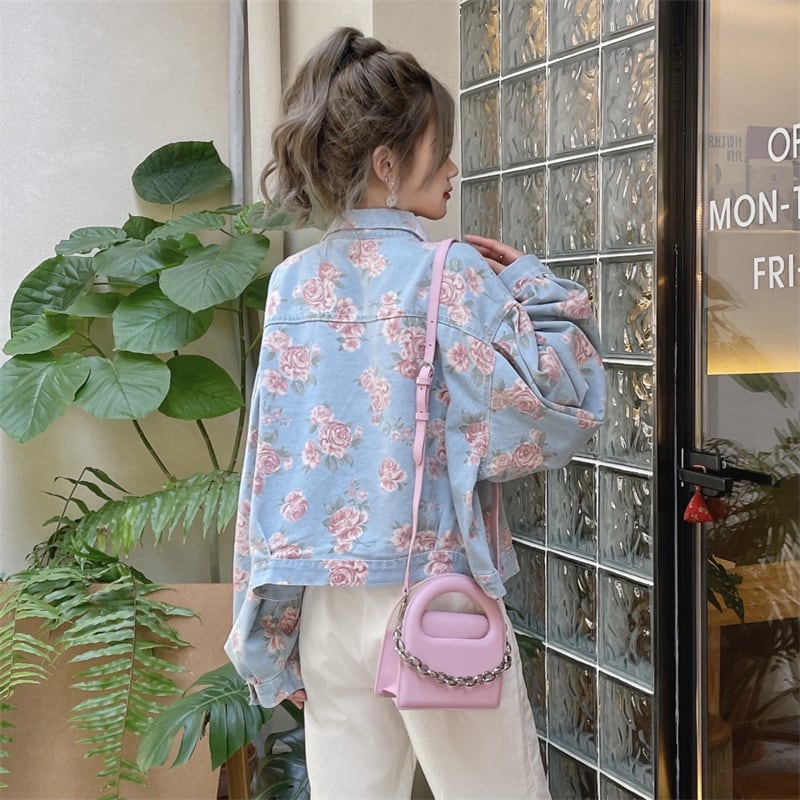 [Home Series]★Denim Jacket★ Floral Tops Outerwear Jacket Women's Short Length