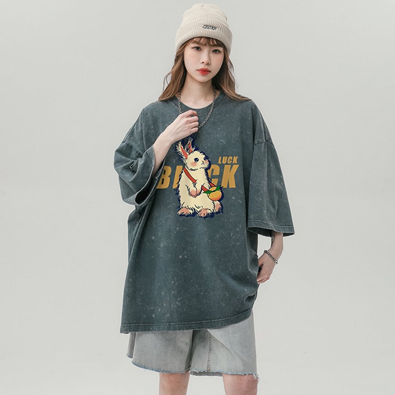 【YOUHANシリーズ】★Tシャツ★ 4color トップス 男女兼用 メンズ 半袖トップス レトロ ゆったり 兎 ウサギ