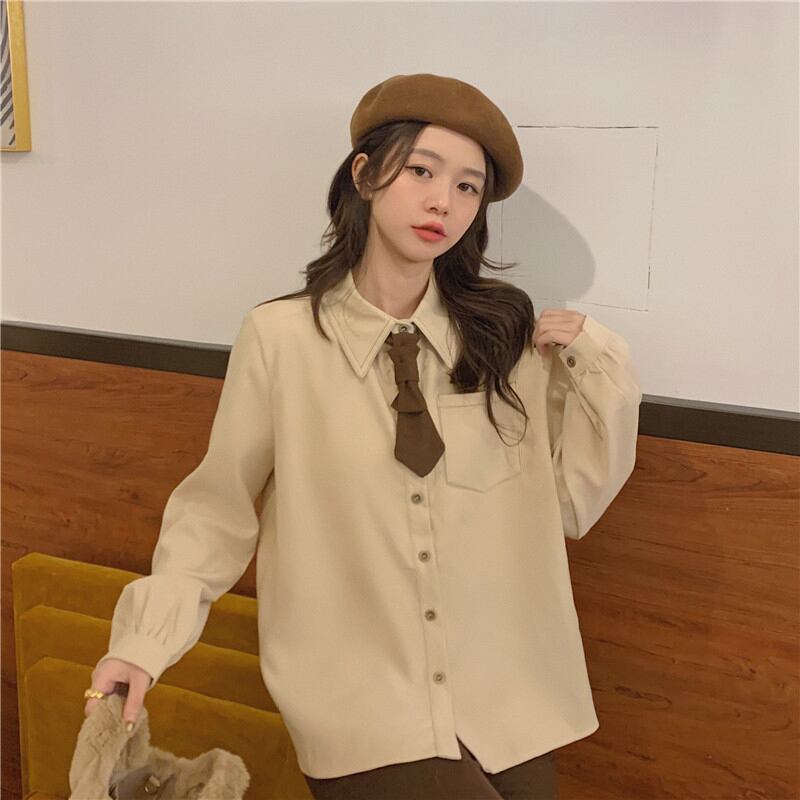 [Koshinke Series]★Shirt with tie★ Tops 3 colors Cute Easy to match Beige Light brown Pink