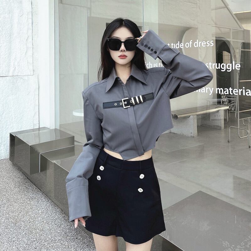 [Style Series]★Shirt★ Tops Short Length Long Sleeve Gray Gray Women's Unique Slimming Fashionable SM