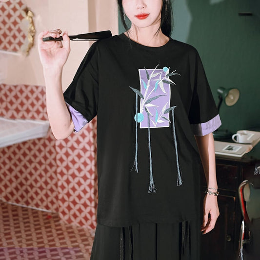 [Kokaisha --- Bamboo Series] ★China style T-shirt★ Tops Bamboo pattern embroidery Original Cotton Fringe