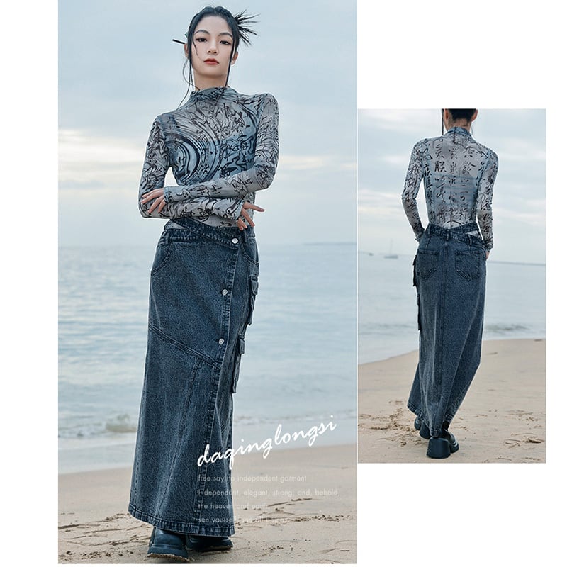 [Daiseiryusu Series] ★China style skirt★ Bottoms Denim skirt Long skirt Slit