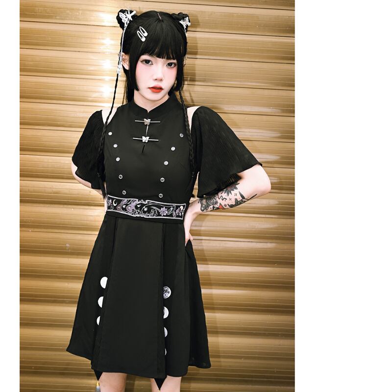 [Kokaisha---Dark Series]★China style dress★ Off-the-shoulder short length slimming original black black SML date