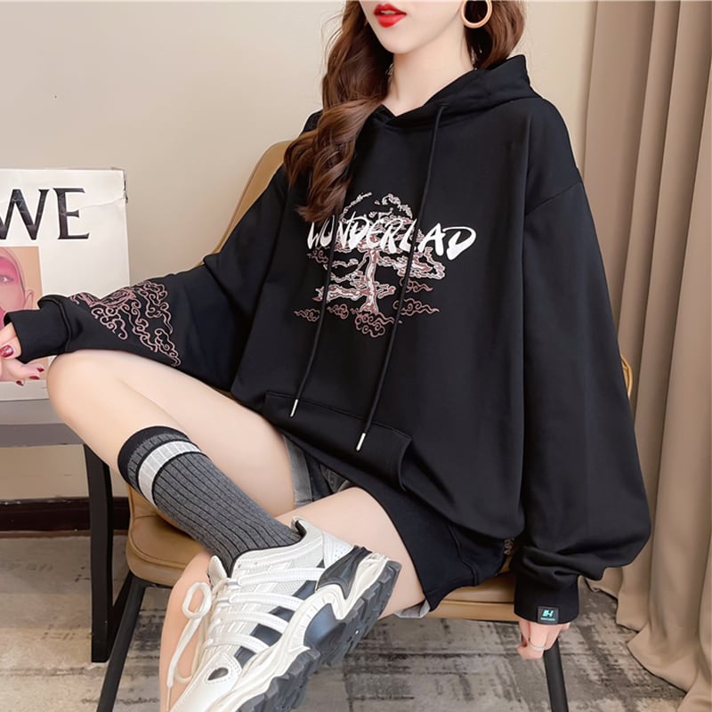 [YIDIEQIAN series]★China style hoodie★ Tops 2color black white print casual