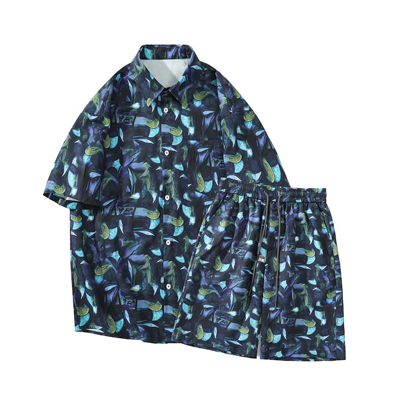 [KCSJ Series]★Setup★ Shirt + Shorts Unisex Men's Large Size Blue Blue Aloha Shirt Hawaii Beach