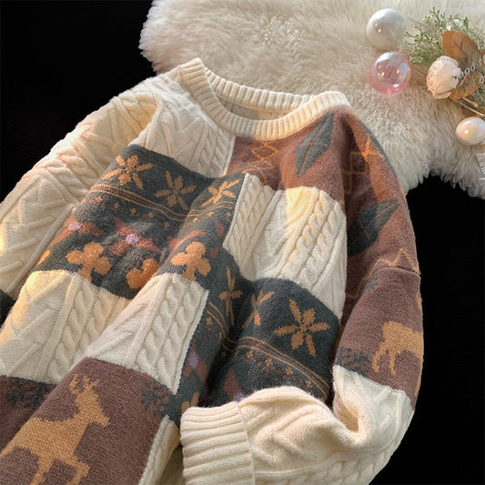 [Morimoto series] ★Sweater★ 3color tops, thick, warm, unisex, men's, floral pattern, retro, color scheme, easy to match