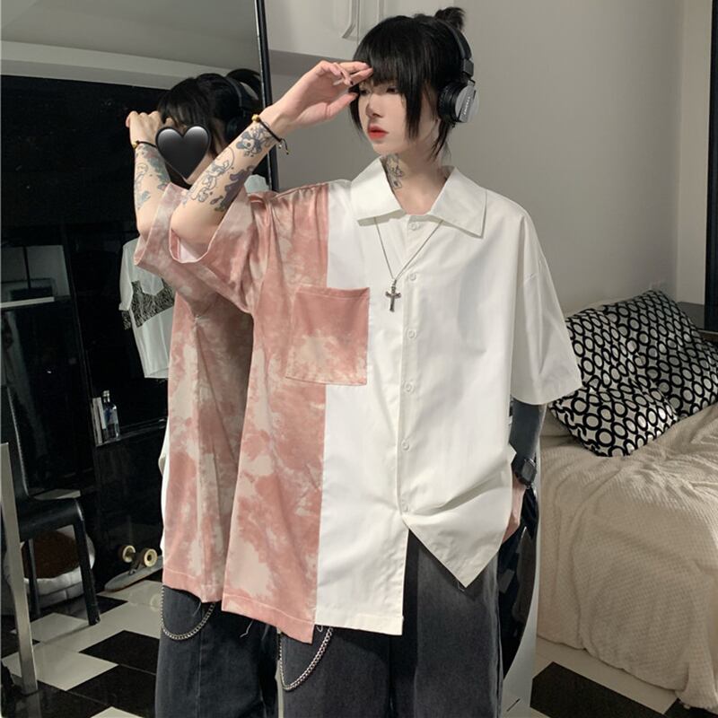 [Style Series]★Shirt★ 2color Tops Oil Painting Style Floral Pattern Switching Short Sleeve Shirt Unisex Men's White Black