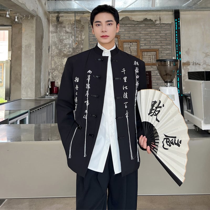 [Illustrated series] ★China style jacket★ Outerwear, unisex, men's black, black text pattern, cool