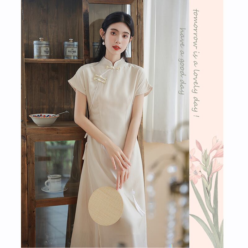 [Tatsuko Chenis Series] ★China style dress★ 2color dress coming of age ceremony girls' night out date short sleeve dress summer clothes green beige chiffon cool