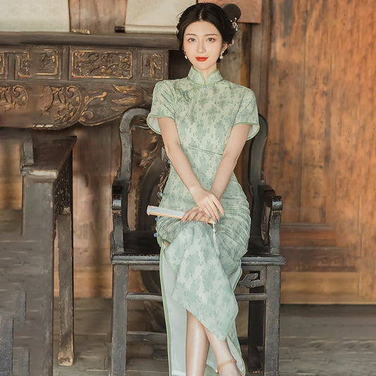 [Queen Series] ★China-style dress★ Improved cheongsam dress Improves temperament Short sleeves Green Green S M L XL