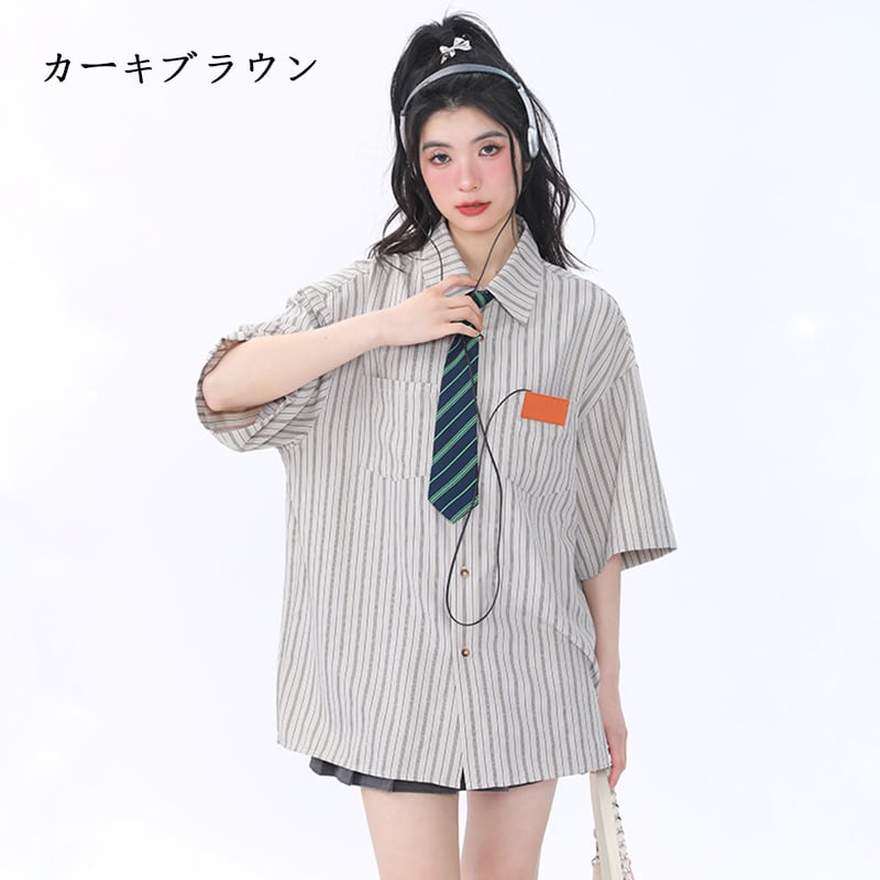 [Escaped Earth Series]★Shirt with tie★ 3color tops, short sleeve shirt, unisex, men's, vertical stripes, striped pattern, loose fit