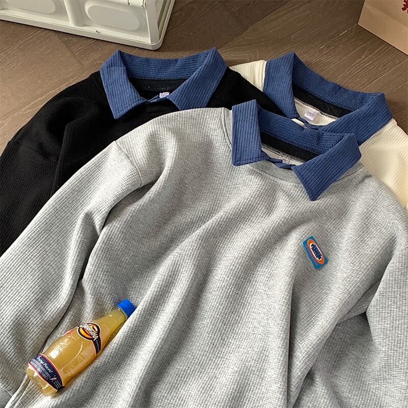 [Korekka Series] ★Tops★ 3color Faux Layered POLO Neck Casual Unisex Men's Beige Gray Black