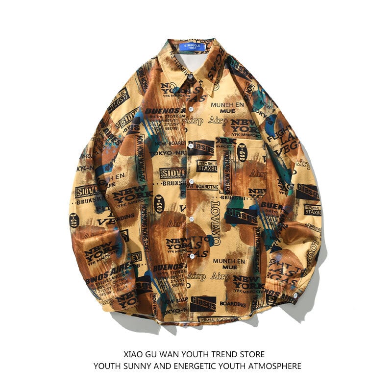 [YGCN Series] ★Retro Shirt★ Tops Long Sleeve Shirt Unisex Men's Fashion Brown