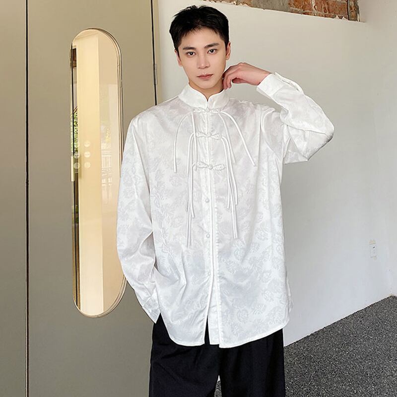 [Illustrated Series] ★China Style Shirt★ 2color Tops Long Sleeve Shirt Unisex Men's China Button Fringe Black White