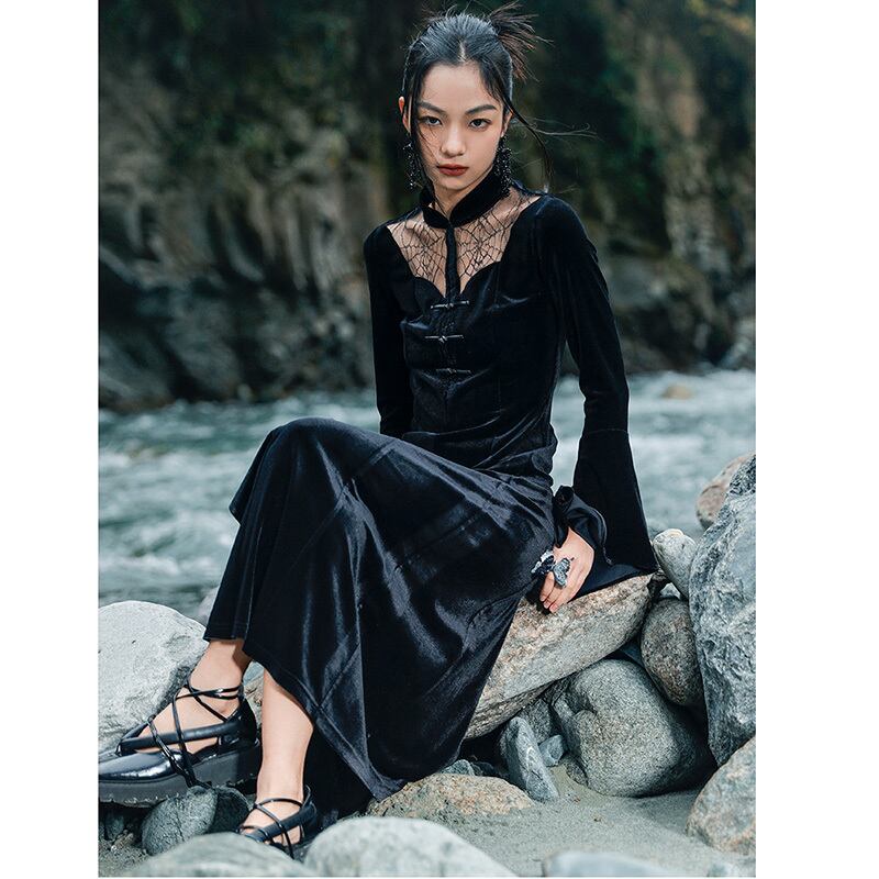 [Big Blue Dragon Series] ★China style dress★ Long length velvet sexy black slit long length