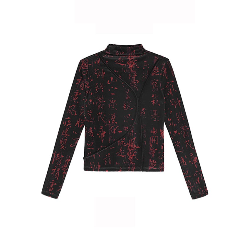 [Big Blue Dragon Series] ★China style tops★ Velvet letter pattern slim slimming black red black red