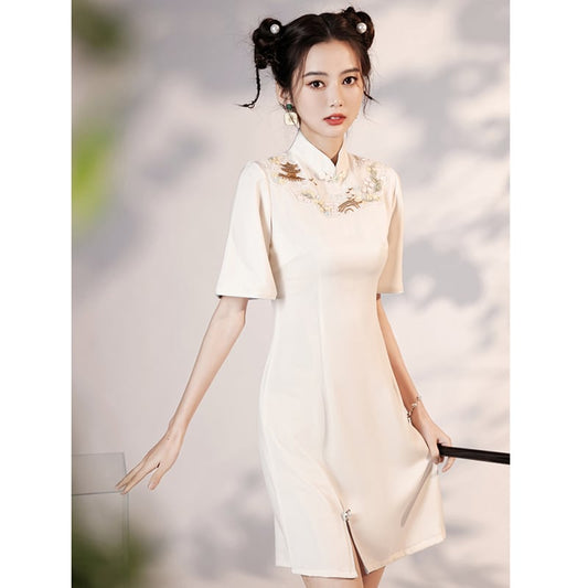 [YUEQIAO series] ★Cheongsam dress★ Short length embroidery Chinese style dress Chinese clothes White White