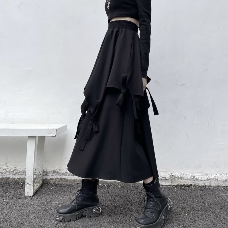 [Miyakoya Series]★Skirt★ Bottoms Irregular Asymmetrical Unique Harajuku style Easy to match Slimming Elastic waist Black Black