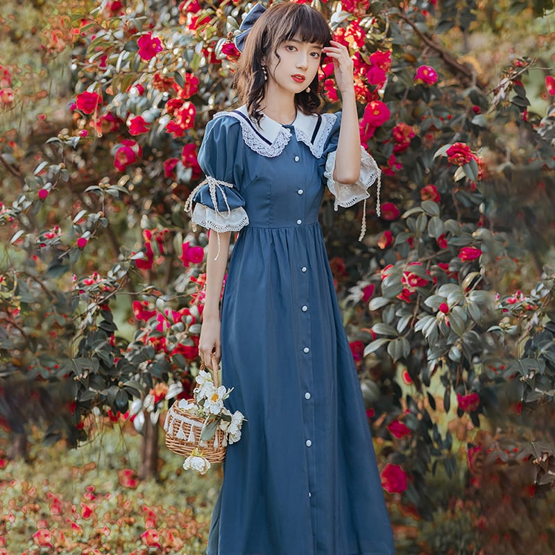 [Jinkyoku Series] ★One Piece★ Retro Dress Cute Ladies Date Shooting Design Color Scheme Blue Blue