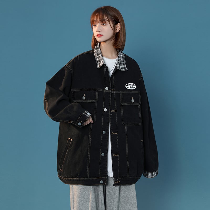 [CHAOMEICHEN Series] ★Jacket★ Denim outerwear switching plaid pattern unisex men's black black