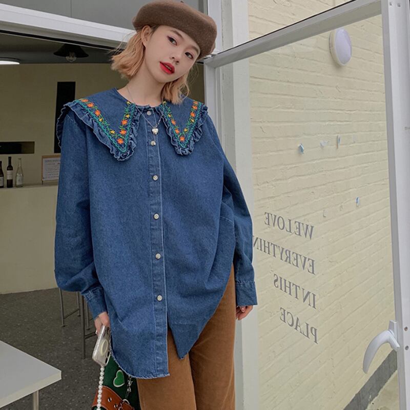 [KEKELI Series]★Shirt★ Tops Cute Collar Embroidery Blue Blue Ladies Fashion ML XL 2XL